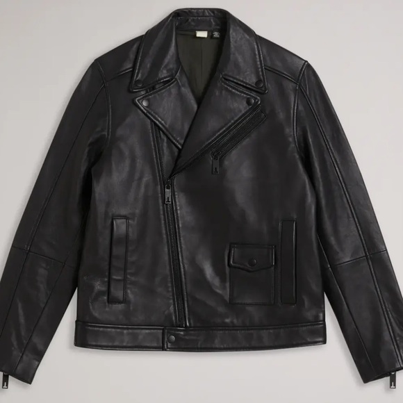 Brand NWT - Ted Baker Carve - Black Leather Biker Jacket - Size 4 (USA size L) - Picture 5 of 15